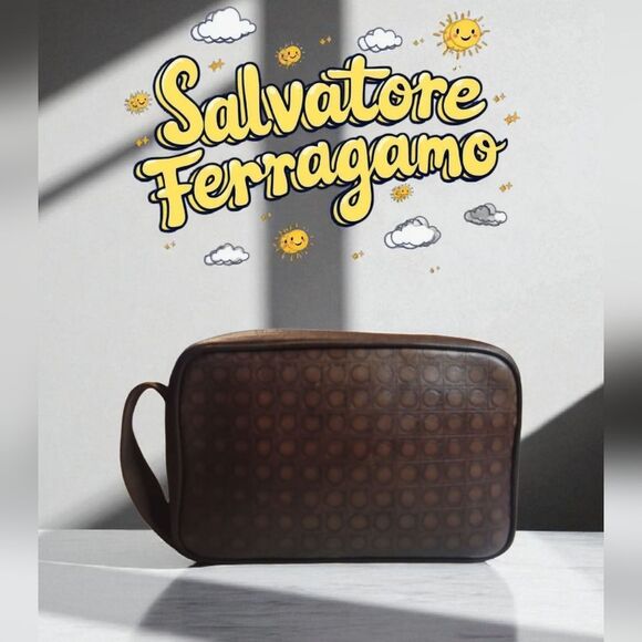Salvatore Ferragamo Brown Leather Toiletry Bag with Monogram - Picture 1 of 10